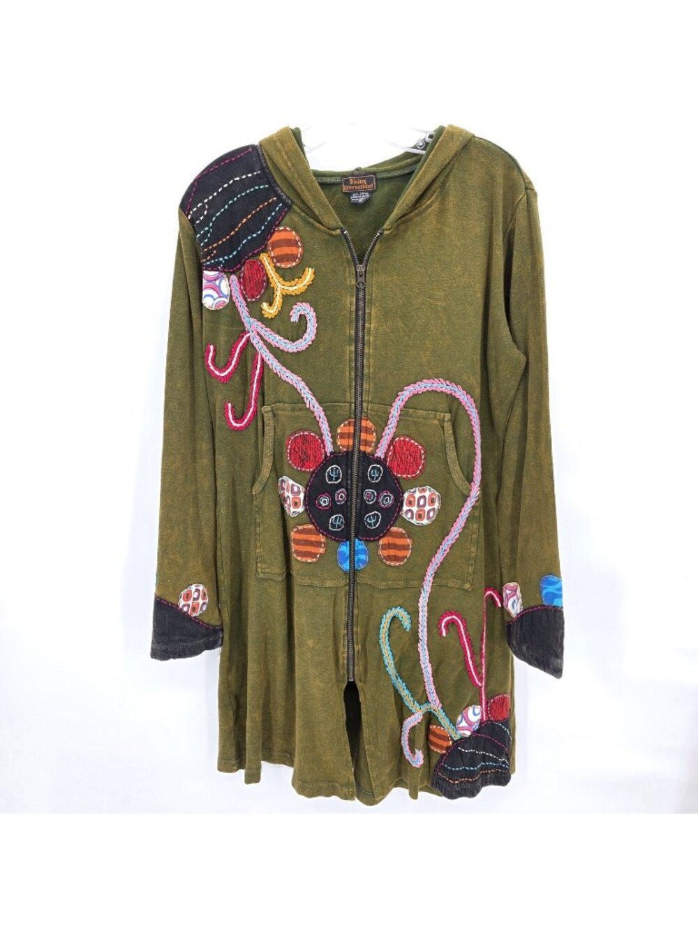 Rising International Zip Hoodie Jacket Womens XL Green Embroidered Boho Festival